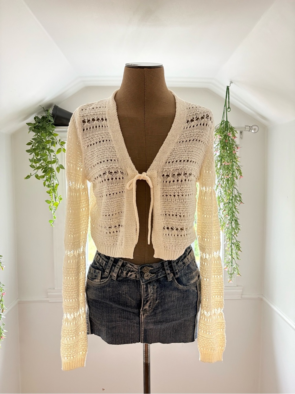 Streetwear Society Cream Open-Knit Tie-Front Cardigan